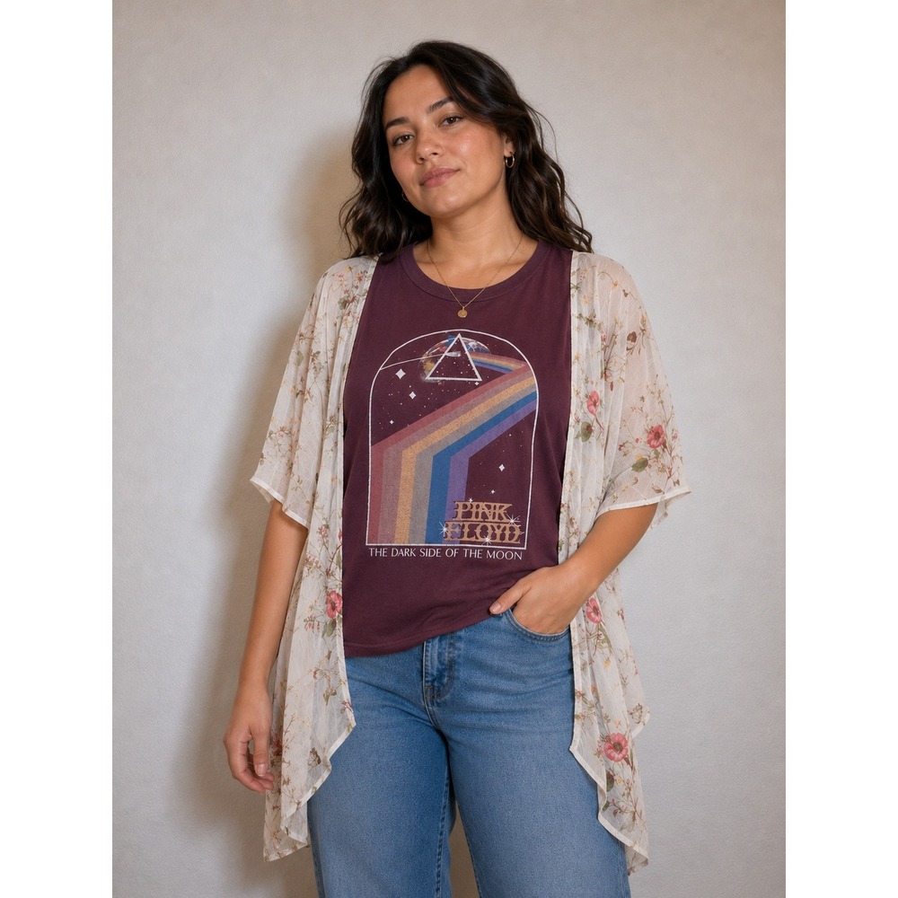 Upcycled Pink Floyd Dark Side Of The Moon Graphic Tee Floral Kimono Sleeve O/S